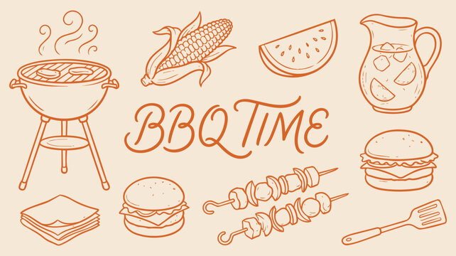 BBQ Time Summer Food Doodle Collection With Grill Corn Watermelon Burgers Skewers and Outdoor Cooking Elements