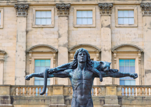 Bronze sculpture of Orpheus in the gardens at Harewood House, the18th-century stately home in Harewood near Leeds in Yorkshire.