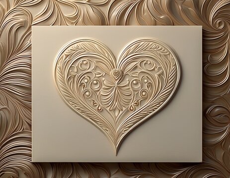ivory embossed wedding invitation card with ornate heart motif and detailed relief patterns on textured paper ideal for luxury wedding stationery campaigns and ceremonial branding