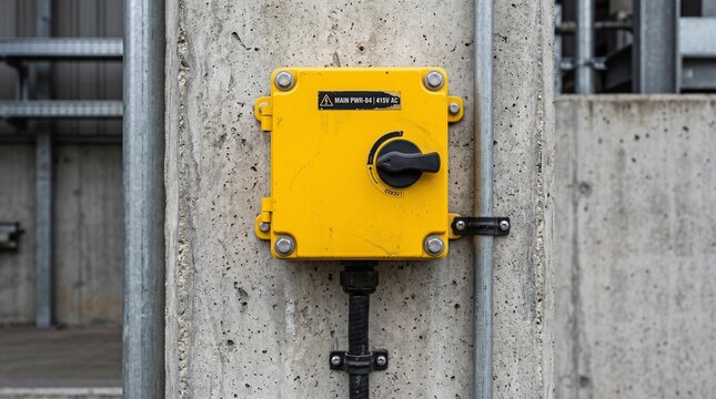Yellow isolator switch box on concrete wall