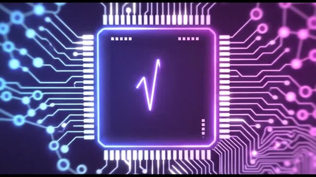 Digital brain processor animation showing advanced artificial intelligence concept with glowing neon circuitry connections on a dark purple motion background