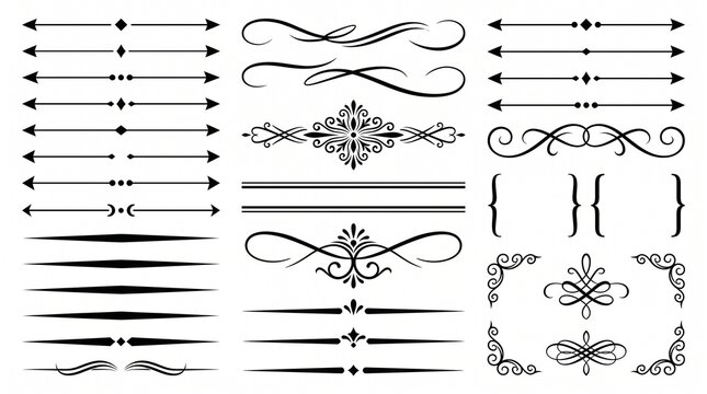 Collection of elegant black decorative dividers ornaments and flourishes for design and page decoration