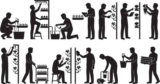 Vertical Farming and Hydroponic Agriculture Worker Silhouette Collection Featuring Indoor Crop Cultivation Activities