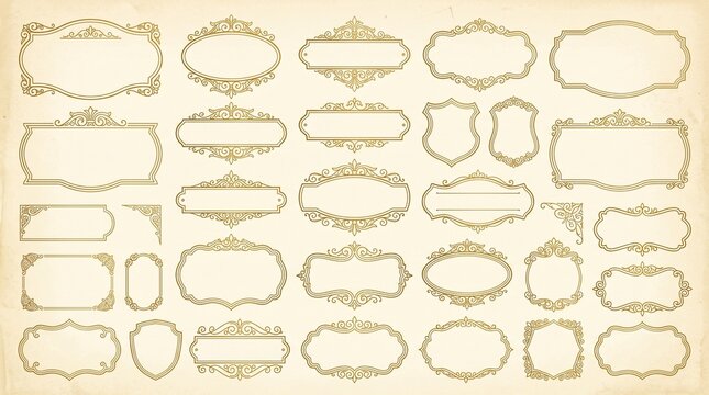 Collection of ornate golden vintage frames and borders on a textured parchment background