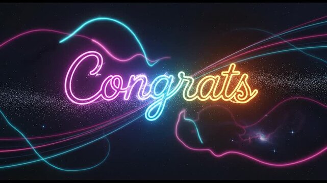 Congrats neon script text glowing with vibrant colors and flowing light trails in this dynamic digital motion animation video clip