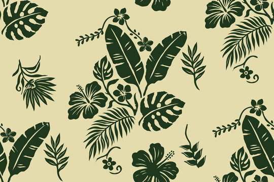 Tropical seamless pattern with hibiscus flowers, monstera leaves and palm foliage, exotic botanical repeat background for textile and wallpaper.