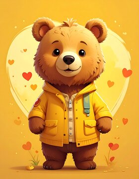 A cute digital illustration of a smiling teddy bear wearing a yellow jacket