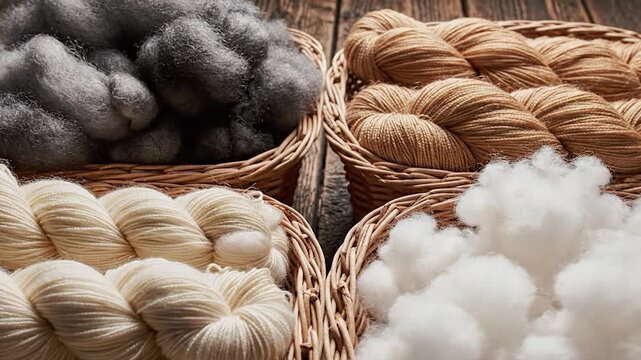 Assorted natural wool fibers and spun yarn skeins in wicker baskets on a rustic wooden surface