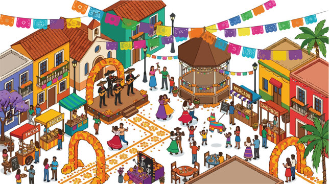 Vibrant Mexican festival celebration in a town square featuring mariachi band dancing people food stalls and colorful papel picado banners vector illustration.