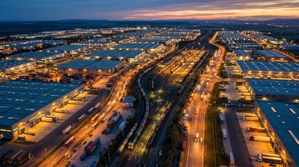 Obraz premium Aerial view shows a busy industrial park with warehouses, trucks and trains at dusk.