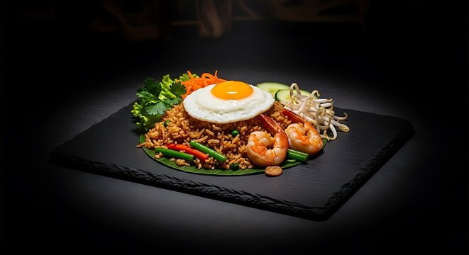 A gourmet nasi goreng platter featuring Indonesian fried rice with jumbo shrimp and a sunny side up egg served on a dark slate board against black background