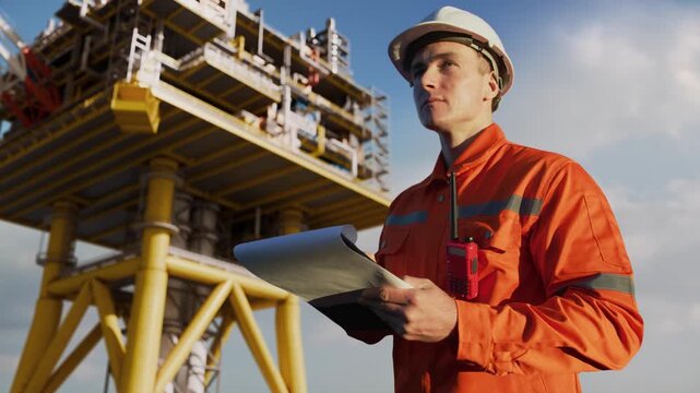 Offshore Oil Engineer Inspecting Rig During Global Energy Shortage