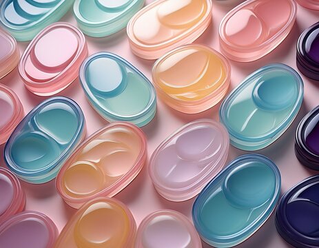 skincare ritual pattern design colorful hydrogel eye patches in soft pastel shades arranged in patterned layout