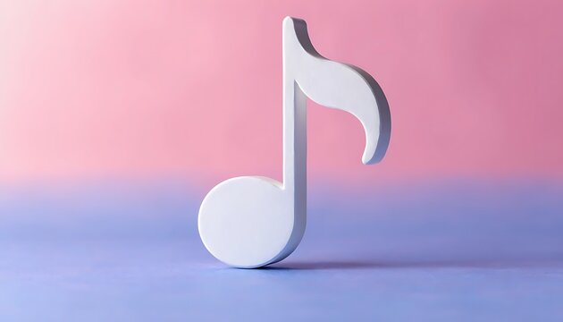 A white eighth note sculpture stands against a gradient pink and lavender background musical symbol notehead music notation