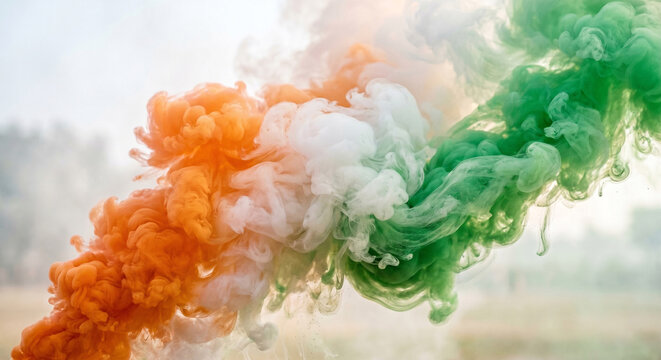 Vibrant abstract background for Republic Day or Independence Day of India featuring soft blending clouds of orange, white, and green smoke with high detail texture.