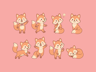 Fototapeta premium Collection of cartoon fox characters poses.