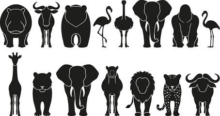 Wild Safari and Zoo Animals Black Silhouette Vector Set Featuring Lion Elephant Giraffe Bear Hippo and Flamingo Icons for Nature Graphic Designs © Mdsumon