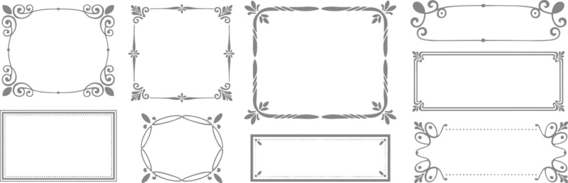 Collection of eight grey decorative rectangular frames with floral flourishes and dotted borders isolated on a white background for projects