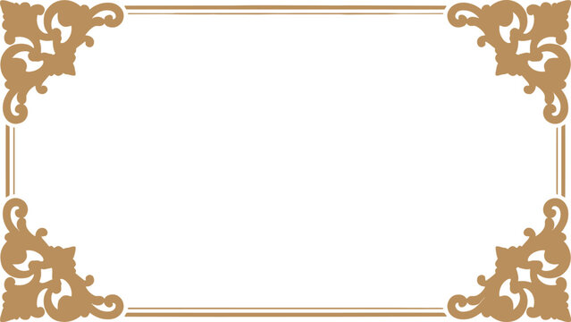 Rectangular border frame with ornate tan floral corner flourishes and thin double lines on a white background for invitations and certificates