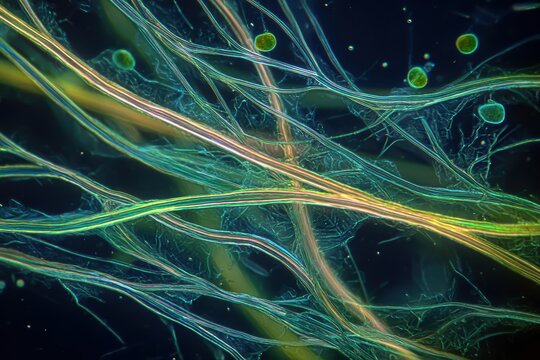 Close-up micrograph of cyanobacteria filaments under polarized light