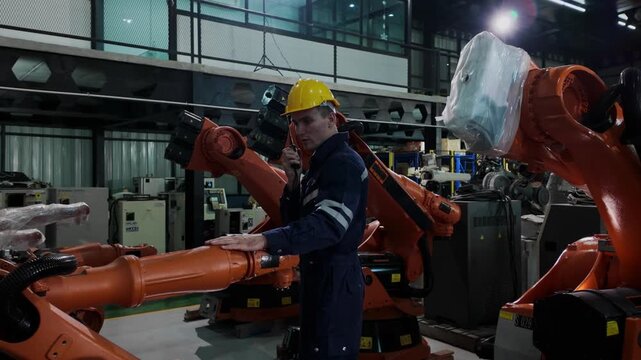 Professional male engineer in a hardhat controlling and inspecting smart robotic arms on an automated factory floor. Advanced manufacturing technology concept highlighting industrial automation, quali