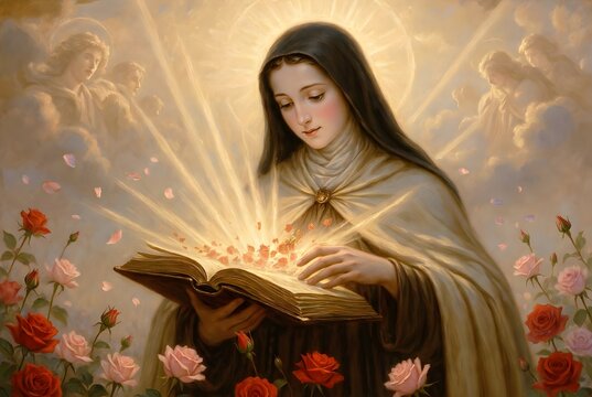 Saint Th&eacute;r&egrave;se of the Child Jesus holding an illuminated sacred book from whose pages thousands of red and pink roses emerge and fall toward humanity, celestial realm filled with wisdom and peace, radi