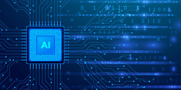 Artificial intelligence processor chip on complex circuit board with binary code background for advanced computing.