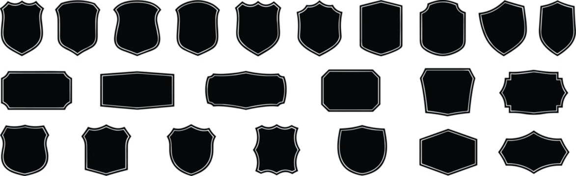 A collection of various black shield and badge shapes with thin white outlines arranged in three horizontal rows on a white background for and emblem creation purposes