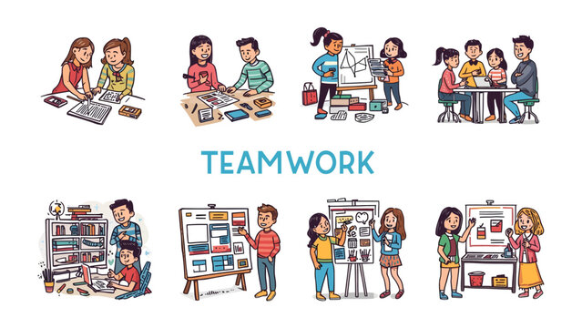 Teamwork Illustration: A vibrant collection of illustrations depicting diverse groups of people collaborating on various projects, highlighting the essence of teamwork and shared success.