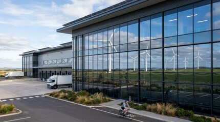 Fototapeta premium Glass building reflects wind turbines in a clear sky as a bike rider passes.