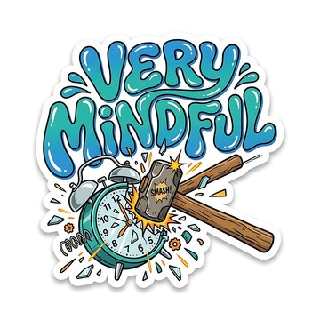 Very Mindful Alarm Clock Smash: An illustration depicting an alarm clock being smashed by a hammer, with the words VERY MINDFUL prominently displayed.