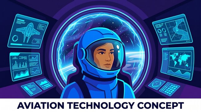 Astronaut in spaceship cockpit with holographic displays showing flight data and world map futuristic aviation technology concept
