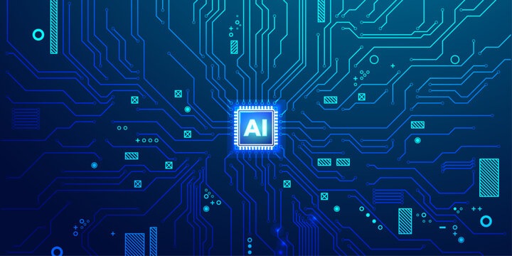 Digital artificial intelligence chip with electronic circuit paths on dark blue background.
