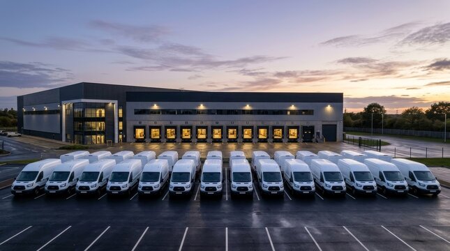 Fleet of white delivery vans parked before a modern industrial building at dusk.