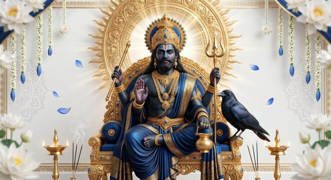 Majestic shani dev deity seated on golden throne with crow and lotus flowers in ornate hindu temple setting for spiritual devotion and traditional religious worship art for cultural celebration decor