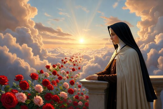 Saint Th&eacute;r&egrave;se of the Child Jesus leaning upon a marble parapet above luminous clouds while thousands of red and pink roses drift toward the world, heavenly overlook bathed in serenity, radiant dawn li