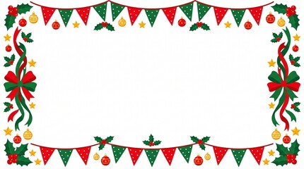 Obraz premium Christmas festive border with holly berries ornaments bows and bunting flags on white background
