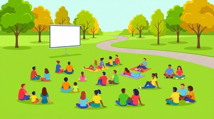 Naklejka premium Diverse group of people enjoying an outdoor movie screening in a park on a sunny day