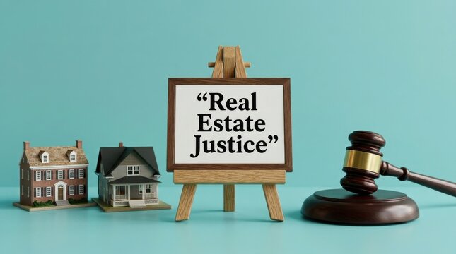 Real Estate Justice sign on wooden easel, judge gavel and house models on blue background, property law and foreclosure auction concept