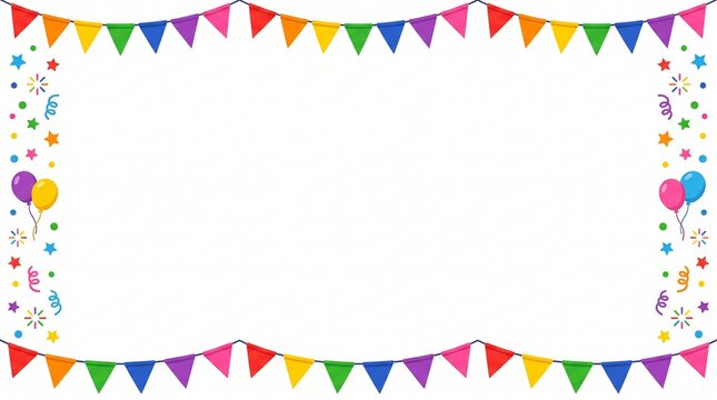 Colorful party flags balloons and confetti border with copy space for text celebration event