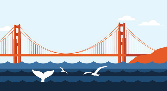 A vivid coastal scene featuring a bright suspension bridge spanning a blue bay with gulls flying over dark water and a distant horizon