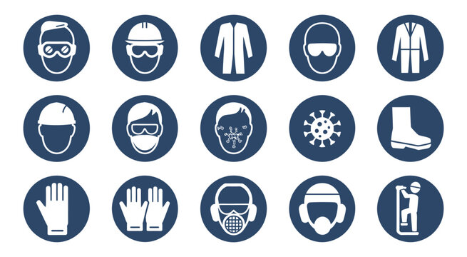 Safety equipment icon set, work site mandatory warning signs, blue circle alert danger symbols, required protection notice vector illustration.