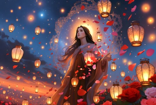 Saint Th&eacute;r&egrave;se of the Child Jesus surrounded by floating heavenly lanterns releasing thousands of red and pink roses toward humanity, celestial sky adorned with sacred lights, warm evening radiance ble