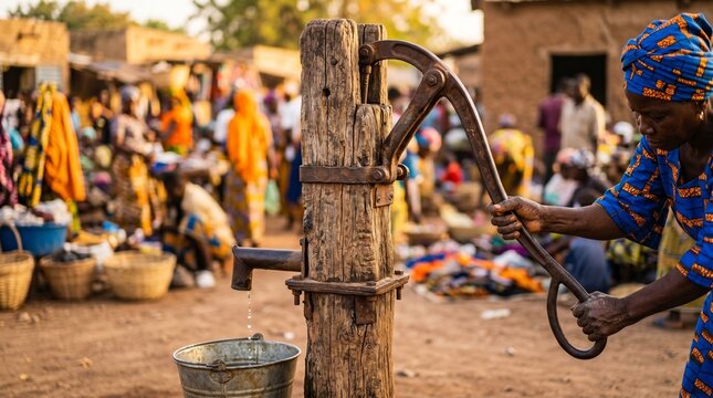 African woman pumping water from a well in a busy village market with colorful clothing and baskets
