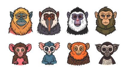 Collection of Primate Faces: A curated group of eight diverse monkey and primate portraits, each uniquely rendered with distinct features, expressions, and coloring. © mahmuda428