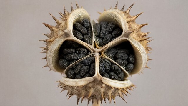 A dried datura seed pod split open, revealing a radial pattern of dark seeds inside.