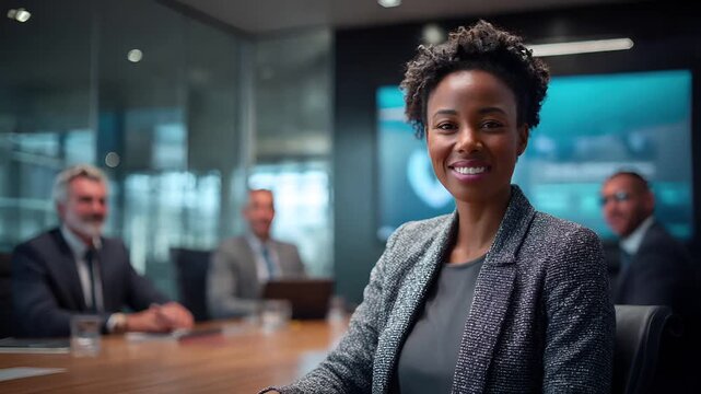 Female diversity. Human rights, equal opportunity concept. A professional portrait of a woman seated at a conference table in a modern office. She wears a textured gray blazer and a gray top.