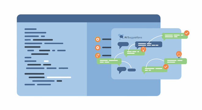 AI-Powered Coding Assistant Interface with Automated Suggestions and Code Editor Illustration