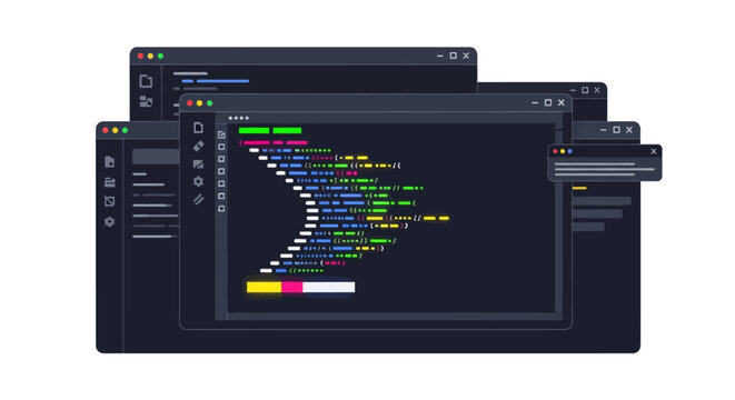 Software Programming and Web Development Concept Illustration with Multiple Code Editor Windows and Colorful Syntax Highlighting