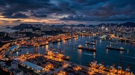 Fototapeta premium The city harbor at dusk shows ships moving and lights sparkling.